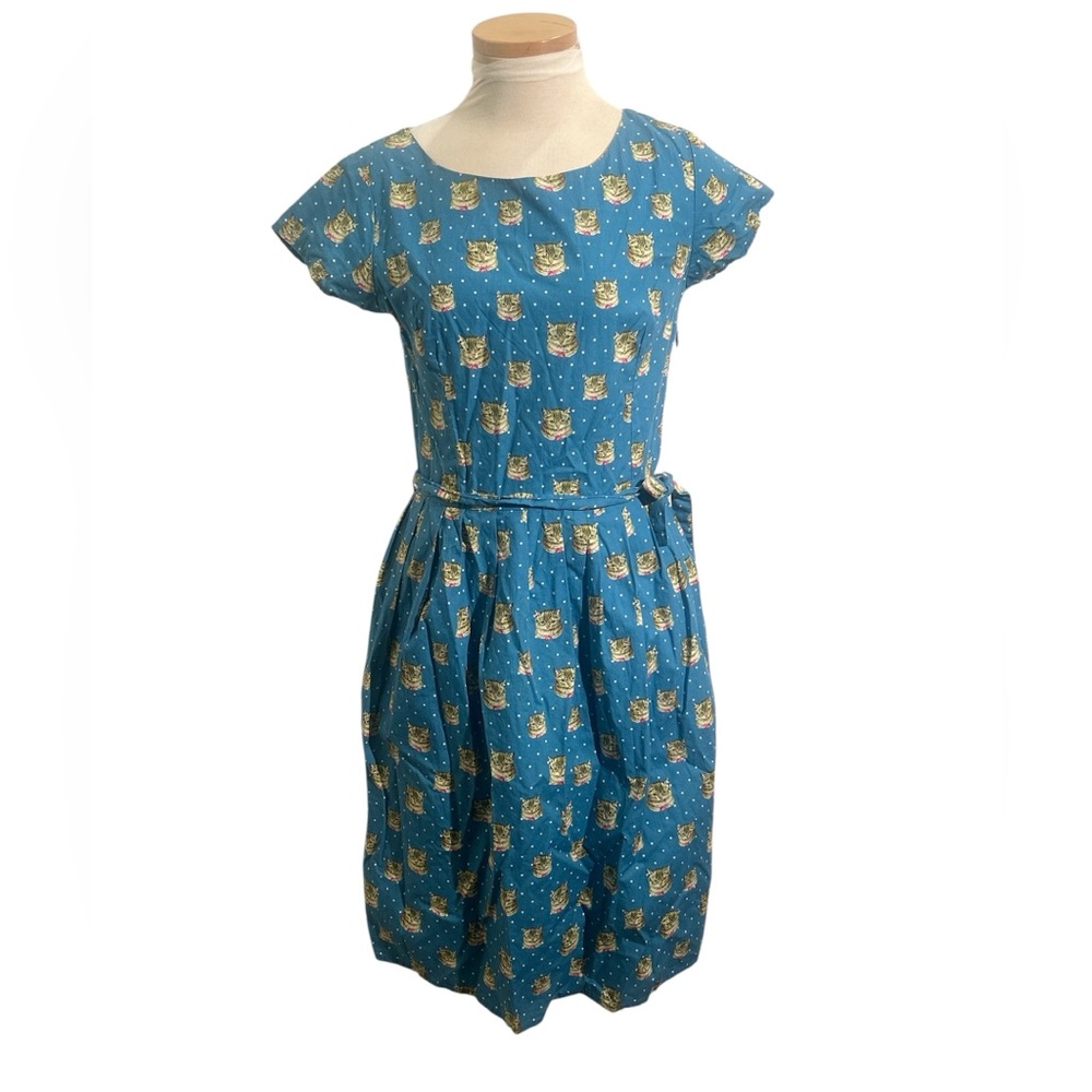 Run and Fly Vintage Inspired Blue Cat Print Polka Dot Cap Sleeve  Dress Size 10